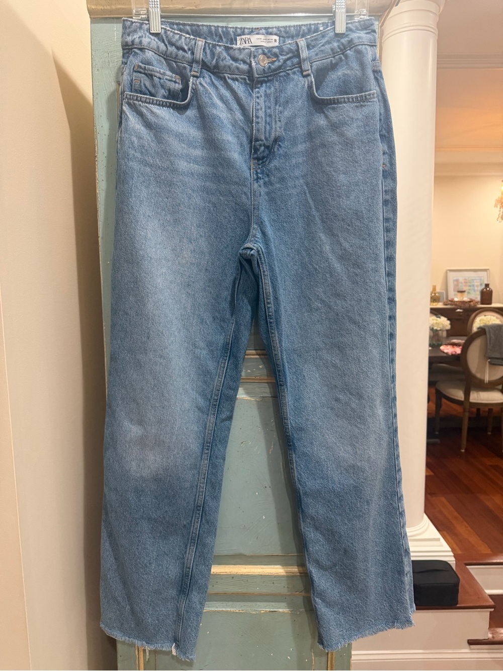 Zara High Rise Straight Leg Raw Hem Jeans 8 Blue 100% Cotton Medium Wash